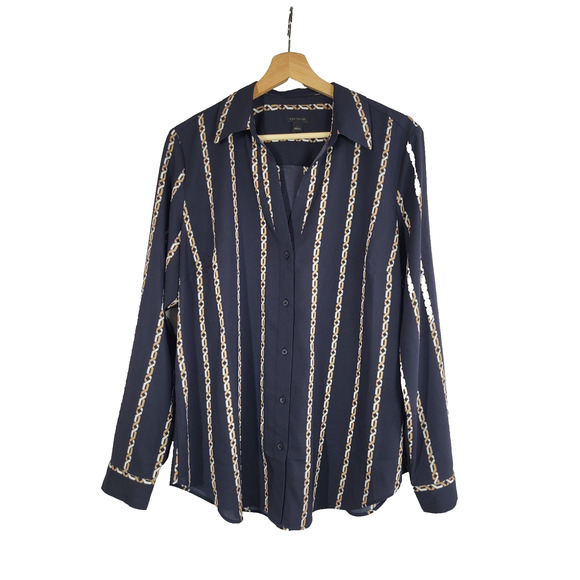 Ann Taylor Chain Link V-Neck Button Up Blouse L Navy Equestrian Career Stripe - Picture 7 of 11